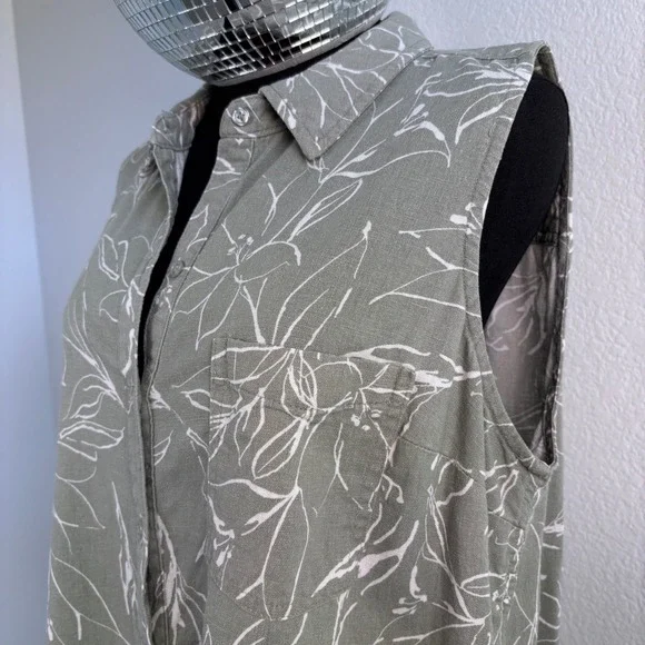 ecothreads Womens Sleeveless Button Up Shirt Green Floral Linen Blend Size L - Picture 12 of 16